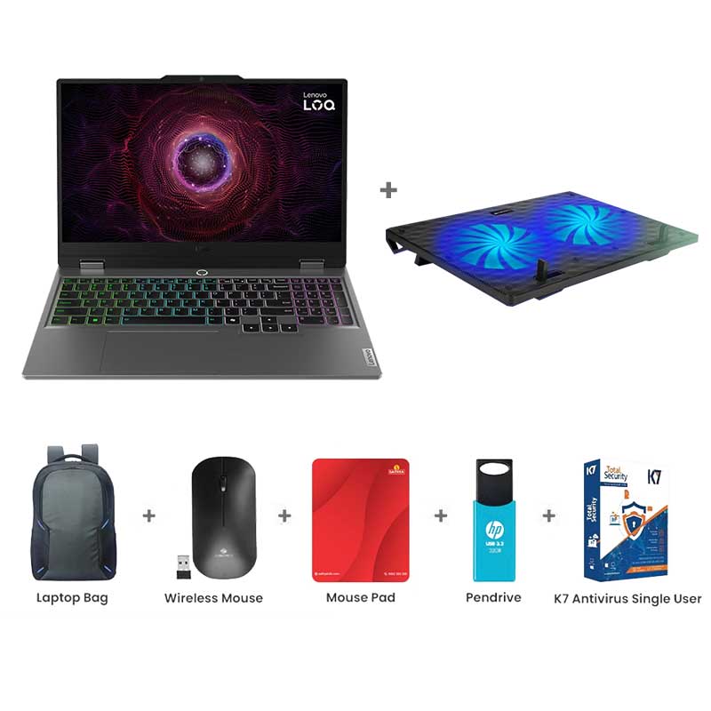 Picture of Lenovo LOQ - AMD Ryzen 5 7235HS 15.6" (39.6cm) 83JC00EEIN Gaming Laptop (12GB / 512GB SSD/ Windows 11 Home/ E-shutter/ NVIDIA GeForce RTX 3050 6GB GDDR6/ IPS 300nits/ Anti-Glare/ White Backlit/ 100% sRGB/ 144Hz/ Office 2024/ 1 Year Warranty/ Luna Grey/ 2.38 kg)  Zebronics ZEB-NC3300 USB Powered Laptop Cooling Pad + Laptop Bag + Wireless Mouse + Mouse Pad + Pendrive + K7 Antivirus Single User